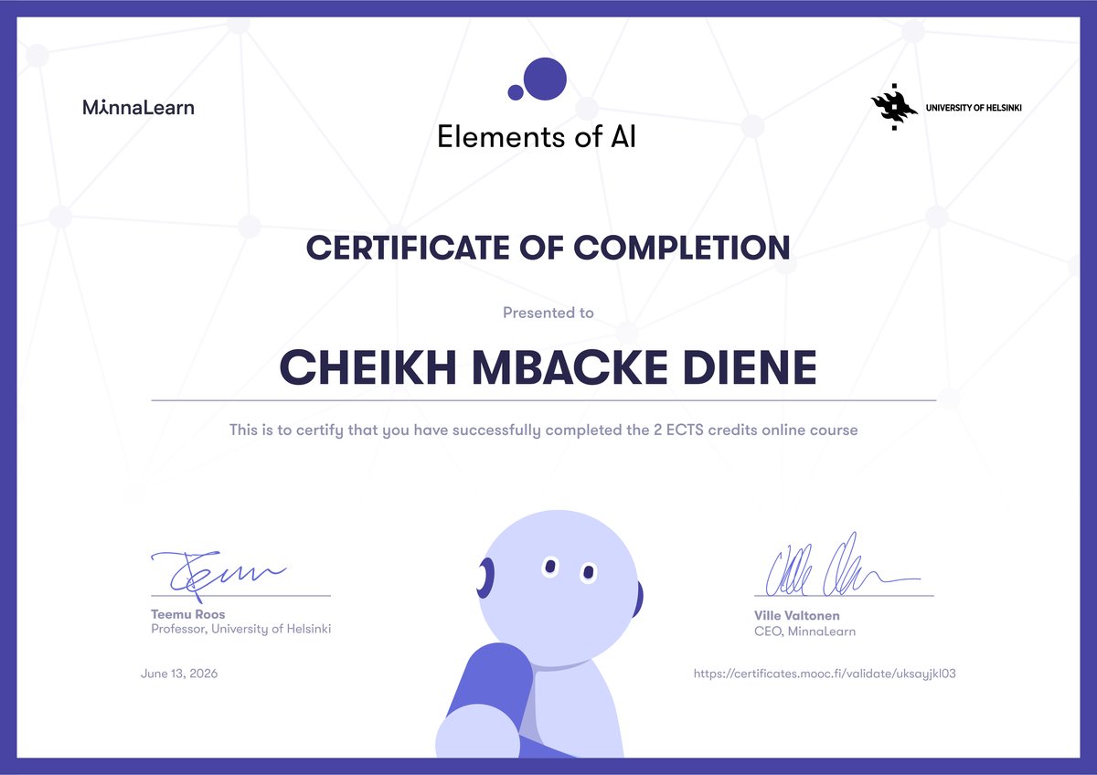 Certificat Elements of AI